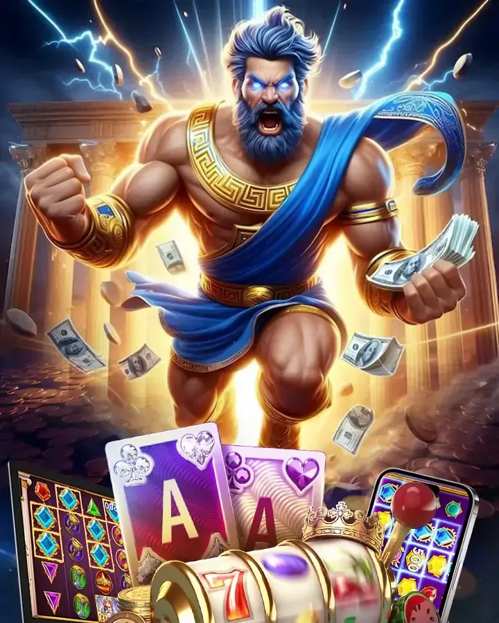 Artwork resmi fc888: Zeus muda bertunic biru di depan pilar colosseum, petir biru, dan uang kertas beterbangan