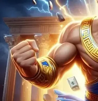 Detail artwork fc888: petir biru menerpa pilar colosseum dan lengan Zeus