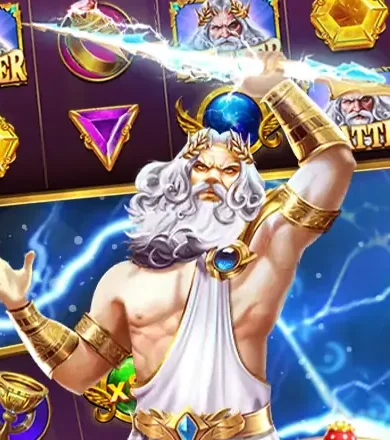 Detail artwork fc888: Zeus berjubah putih mengangkat petir di atas gulungan biru